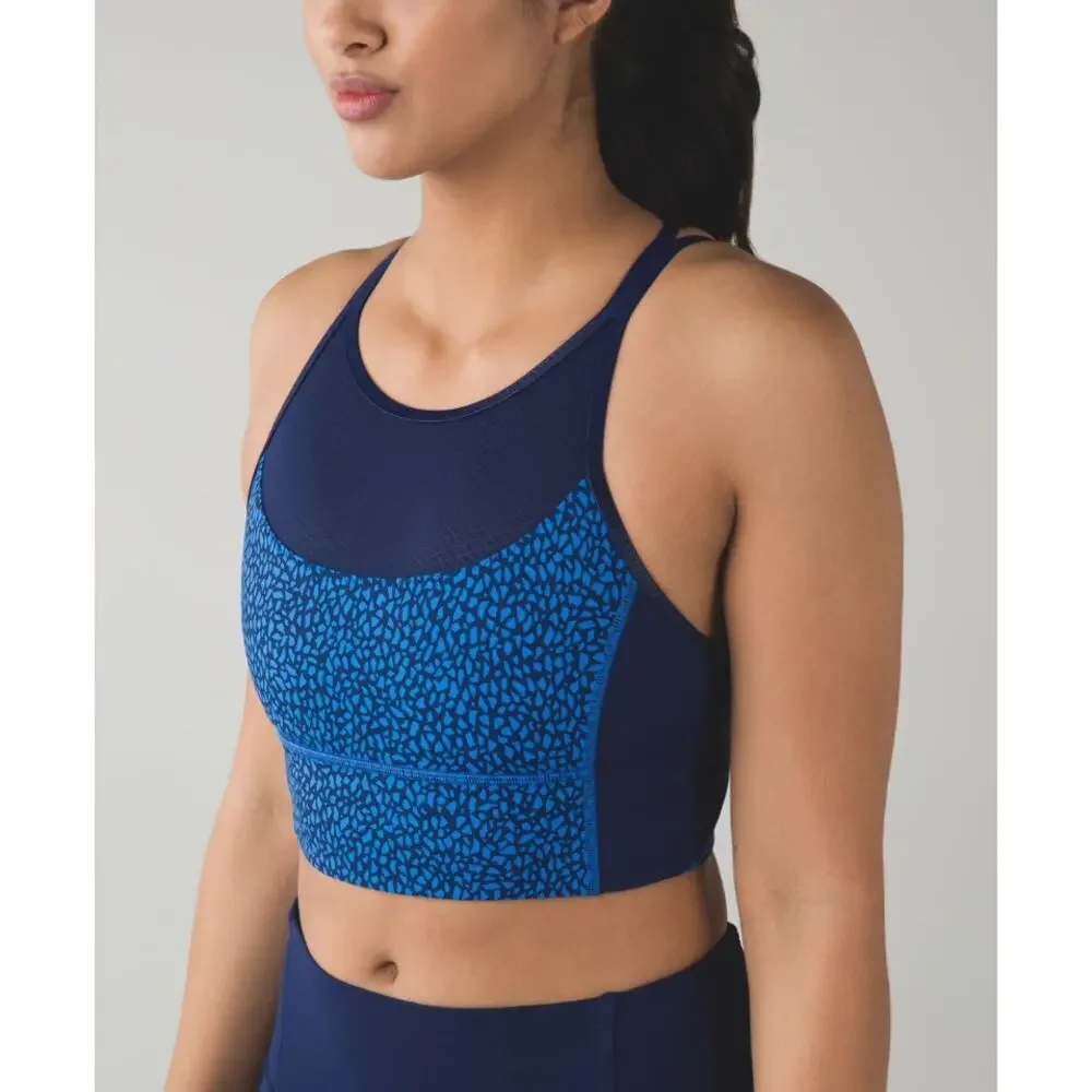 Lululemon Clip-In Long Line Sports Bra Miss Mosaic Lakeside Blue Hero SZ 8